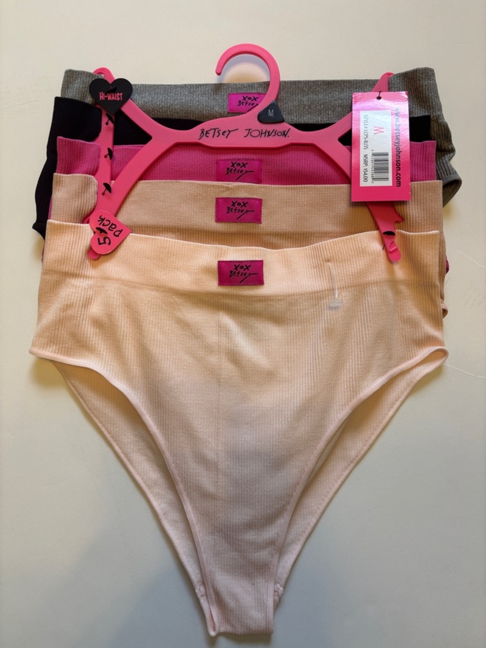 Betsey Johnson Ribbed High-Waist underwear — Pink, Beige, Black, Gray